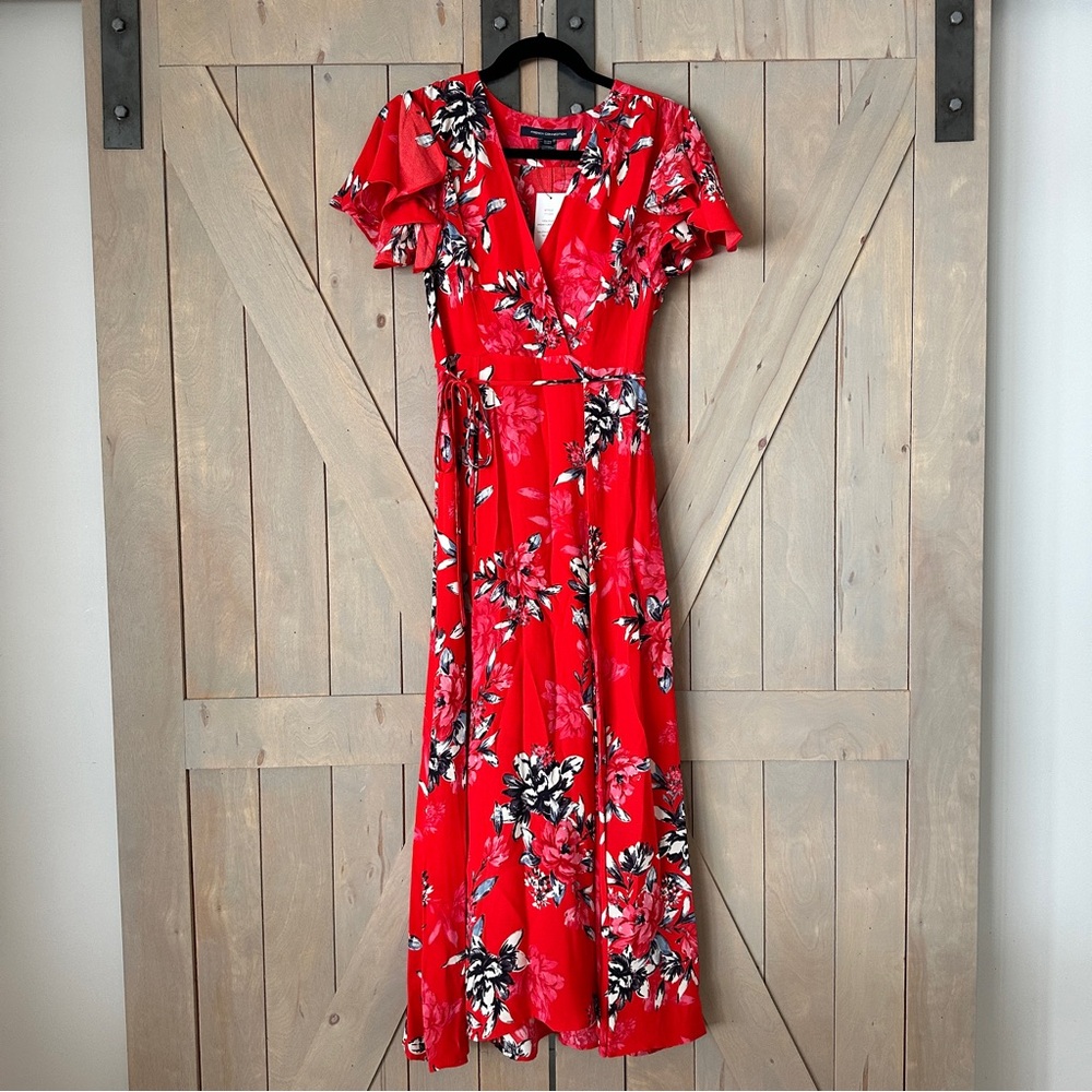 NWT French Connection Women’s Coletta Crepe Midi Tea Dress in Bright Flame Multi